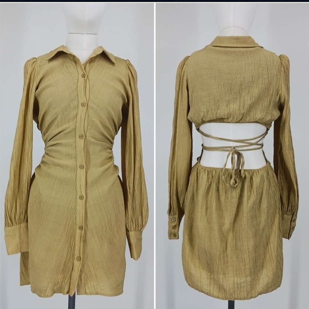 Le Lis Boho Indie Preppy Sage Green Open Back Lace Up Mini Shirt Dress Large